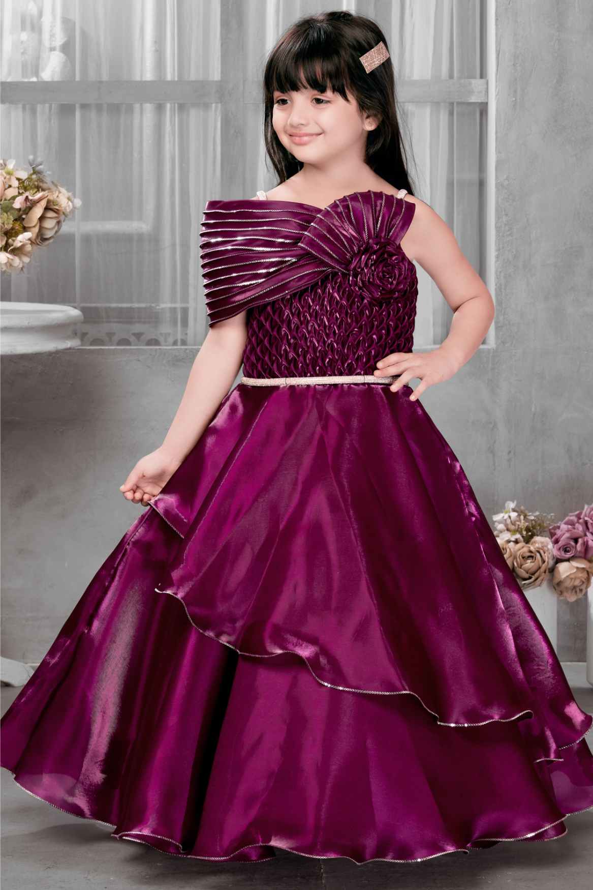 Designer Wine Gown With Floral Embellished And Sequins Work For Girls