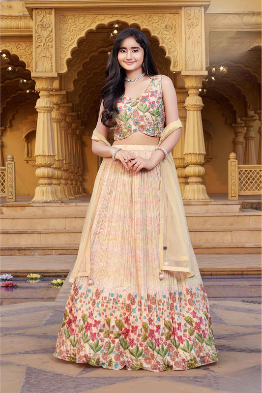 Peach Sleeveless And Mirror Embroidered With Sequins Worked Lehenga Choli Set For Girls