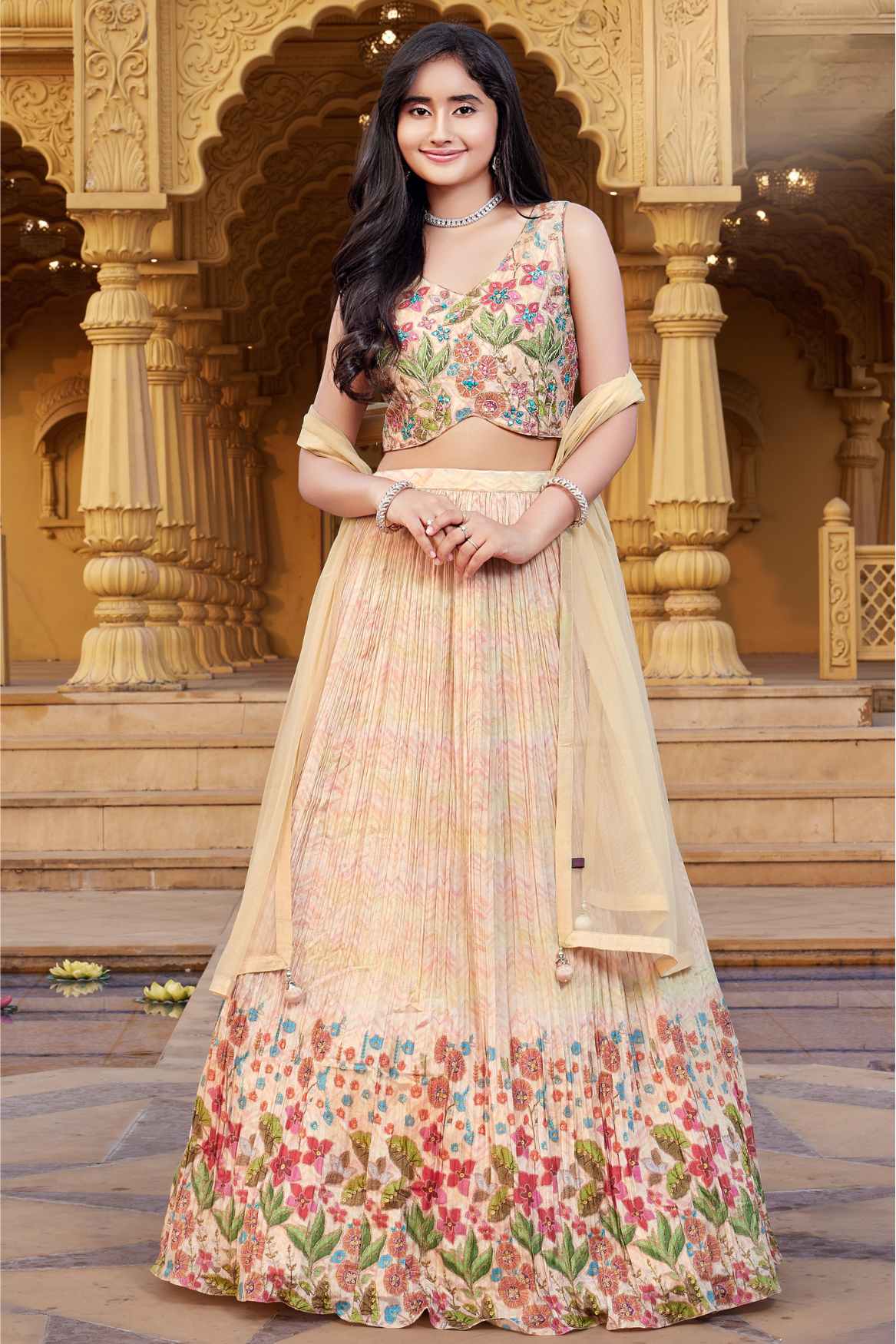 Peach Sleeveless And Mirror Embroidered With Sequins Worked Lehenga Choli Set For Girls