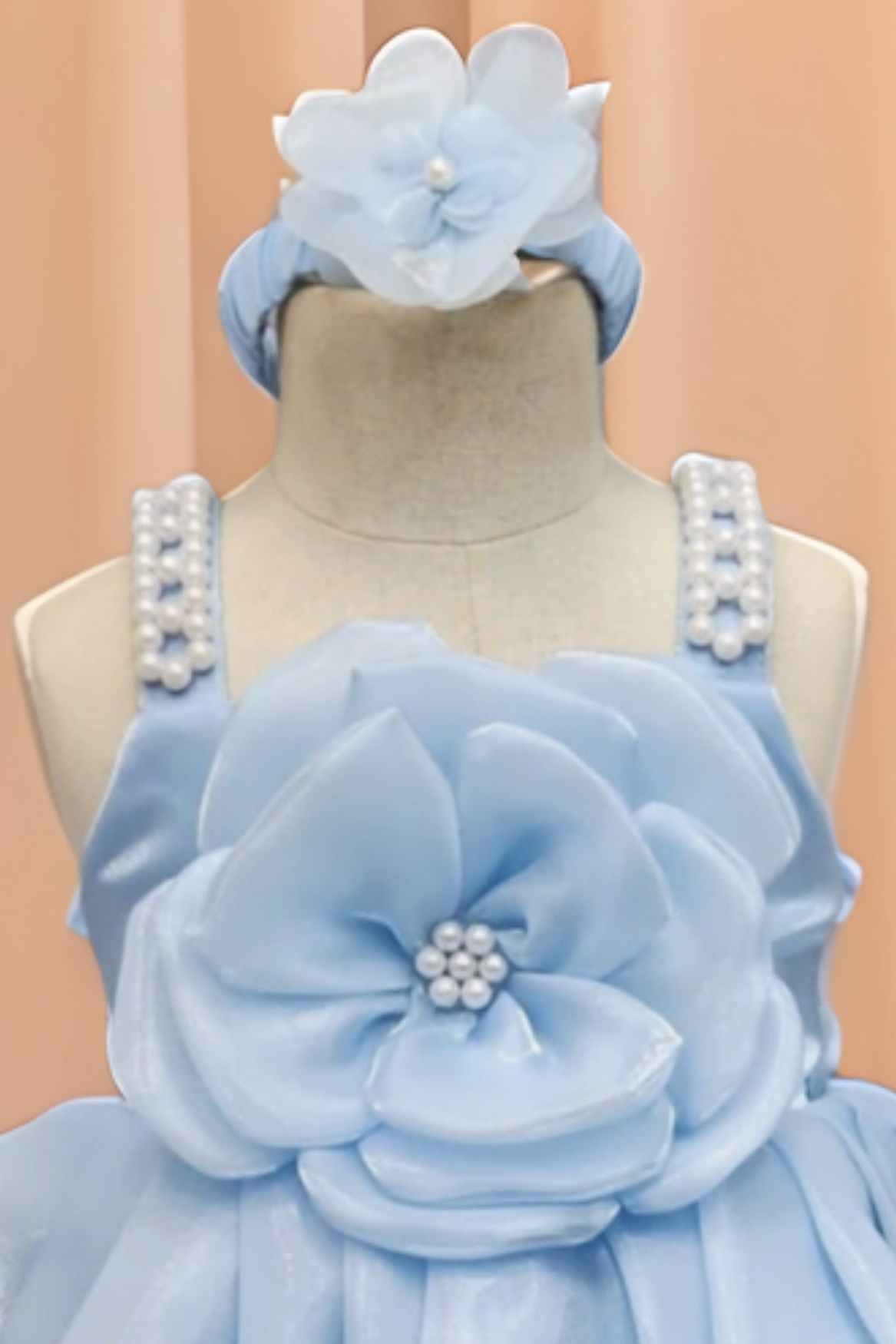 Blue Sleeveless And Floral Embellished With Pearls Work Frock For Girls