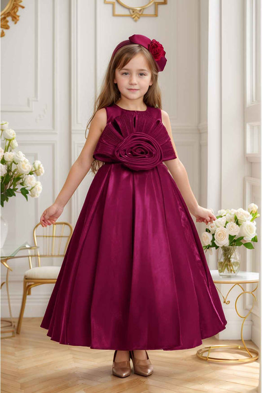 Wine Gown Embellished With Floral For GIrls