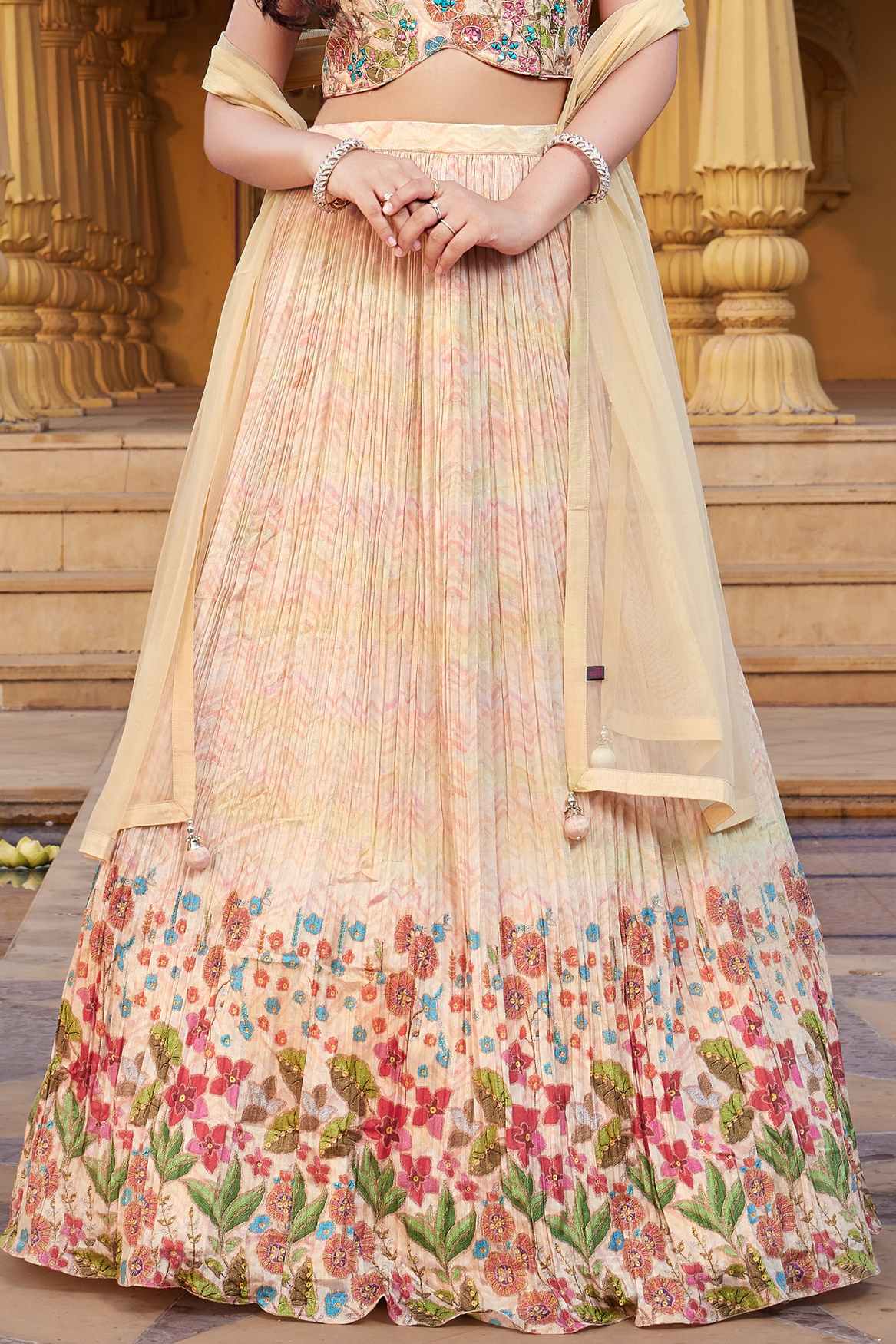 Peach Sleeveless And Mirror Embroidered With Sequins Worked Lehenga Choli Set For Girls