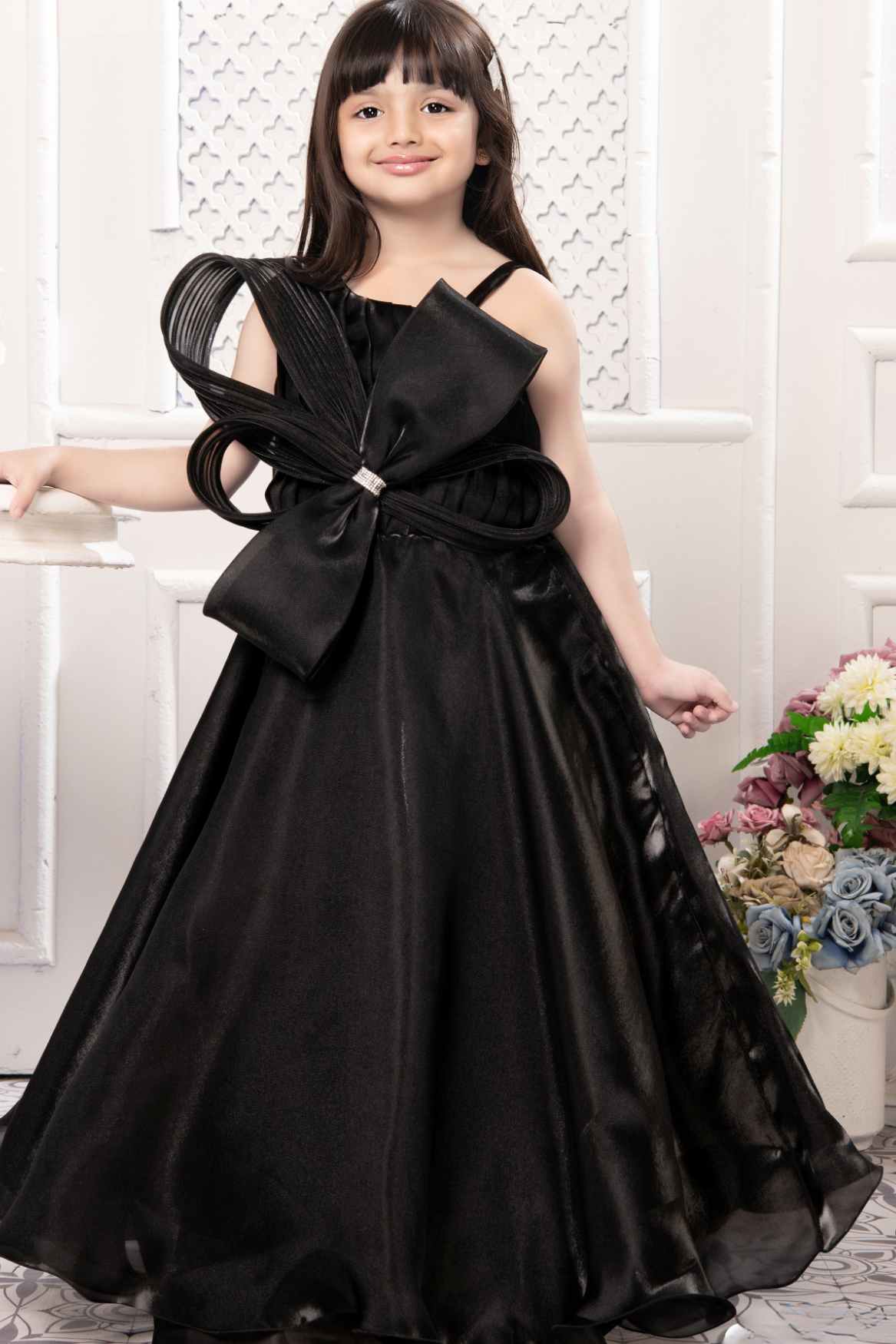 Black Bow Embellished With Stone Work Gown For Girls