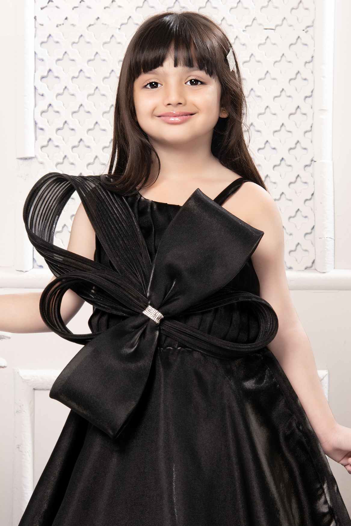 Black Bow Embellished With Stone Work Gown For Girls