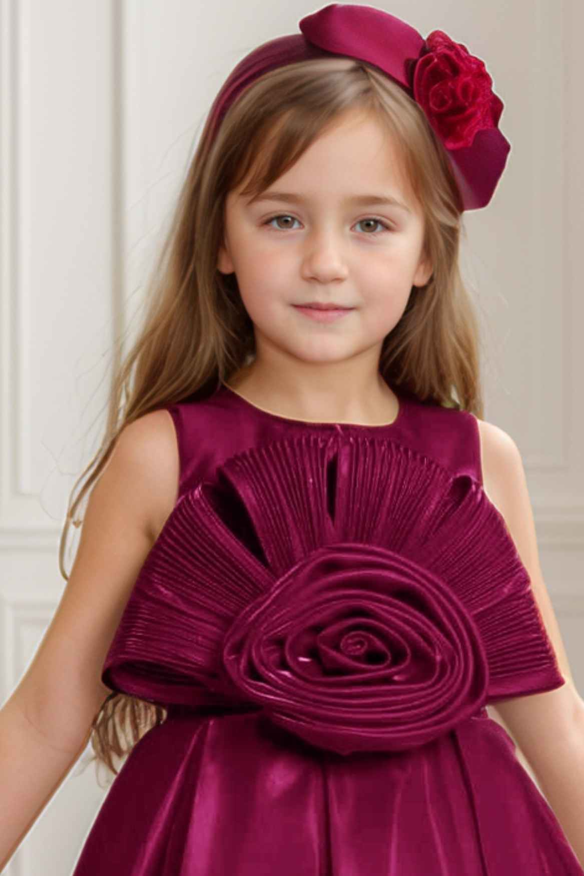 Wine Gown Embellished With Floral For GIrls