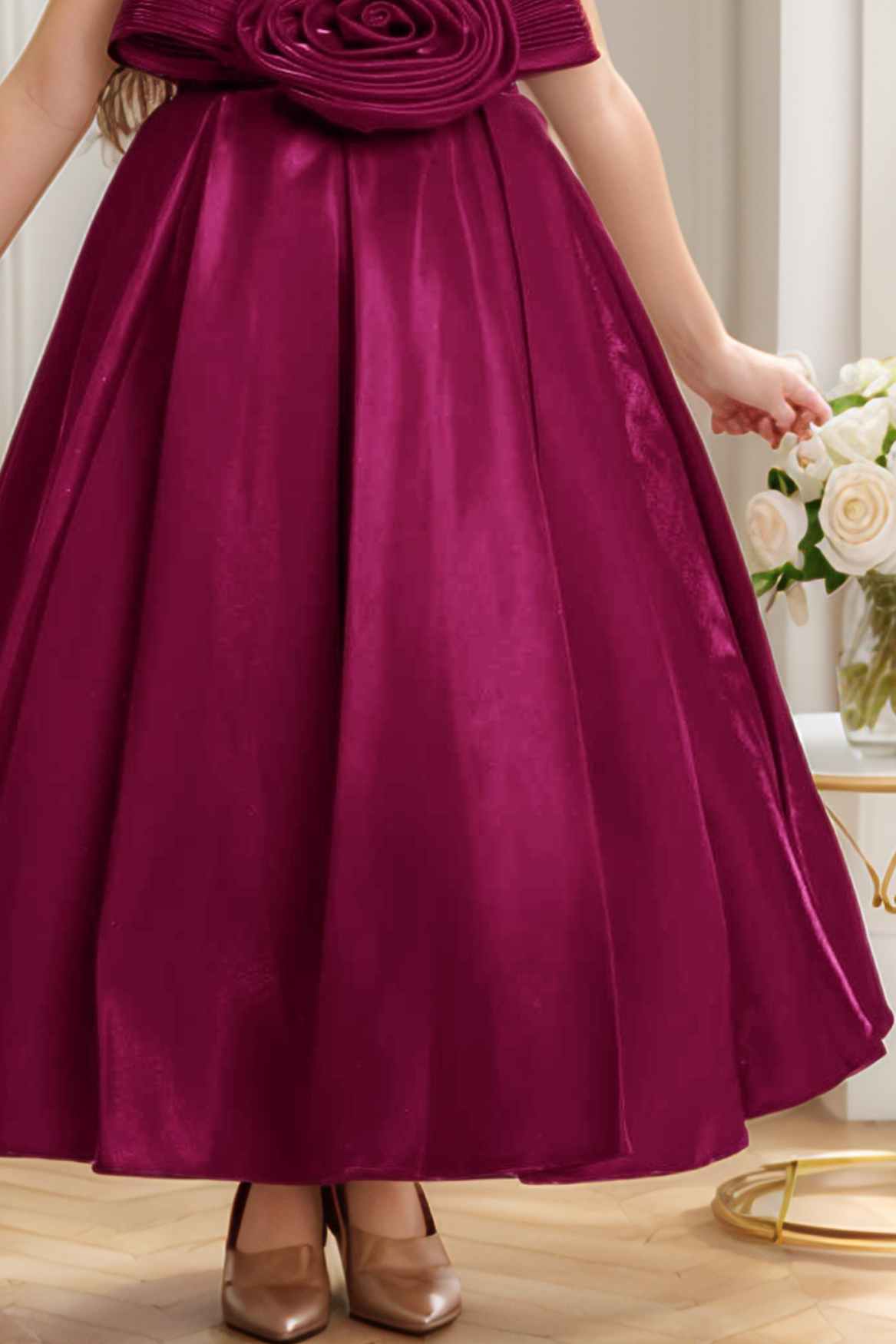 Wine Gown Embellished With Floral For GIrls