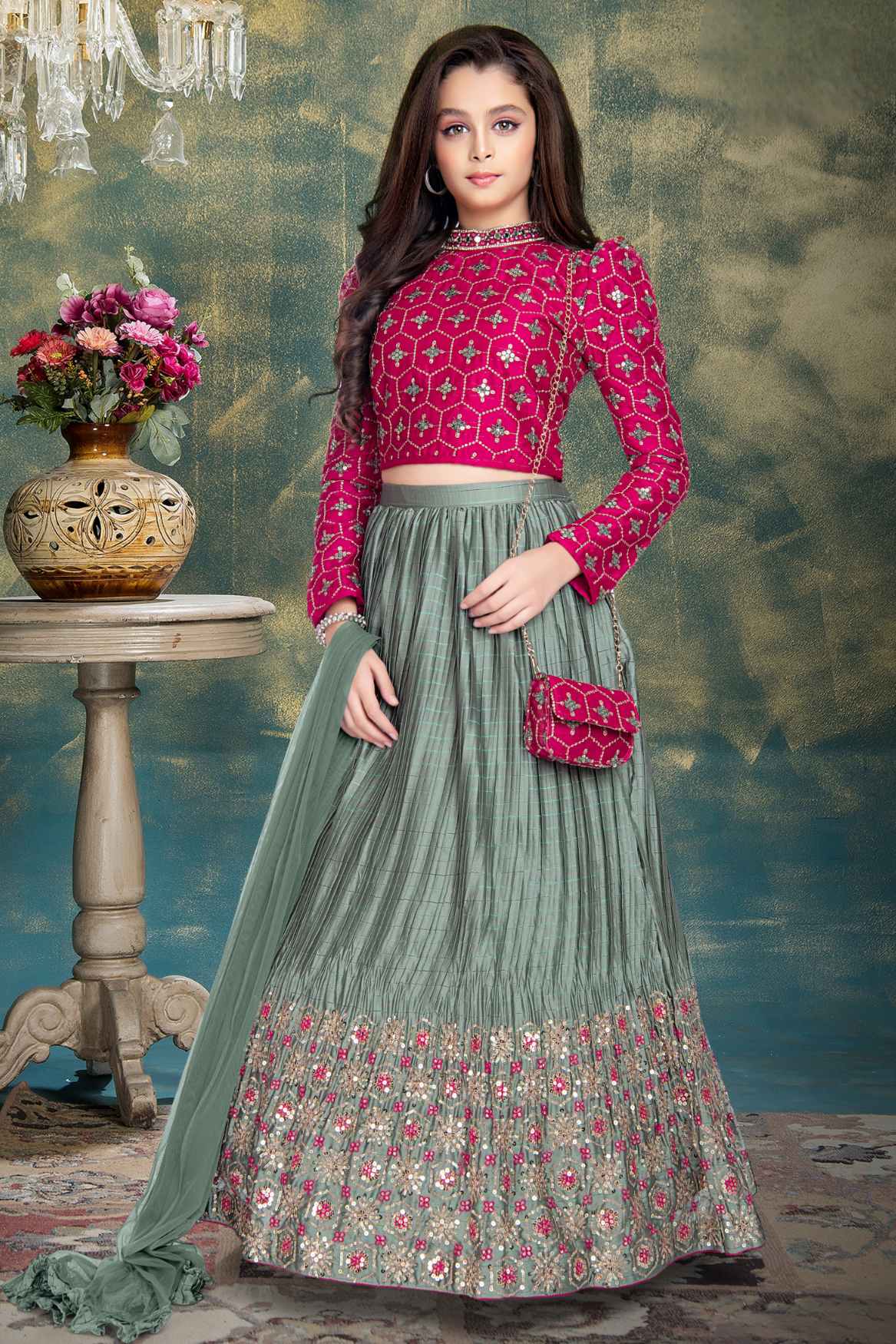 Rani Pink Full Sleeveless Lehenga Choli Set With Sequins Work For Girls