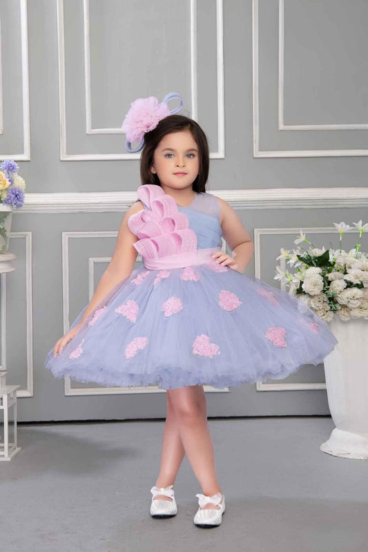 Blue Net Party Wear Frock Embellished With Pink Lace For Girls