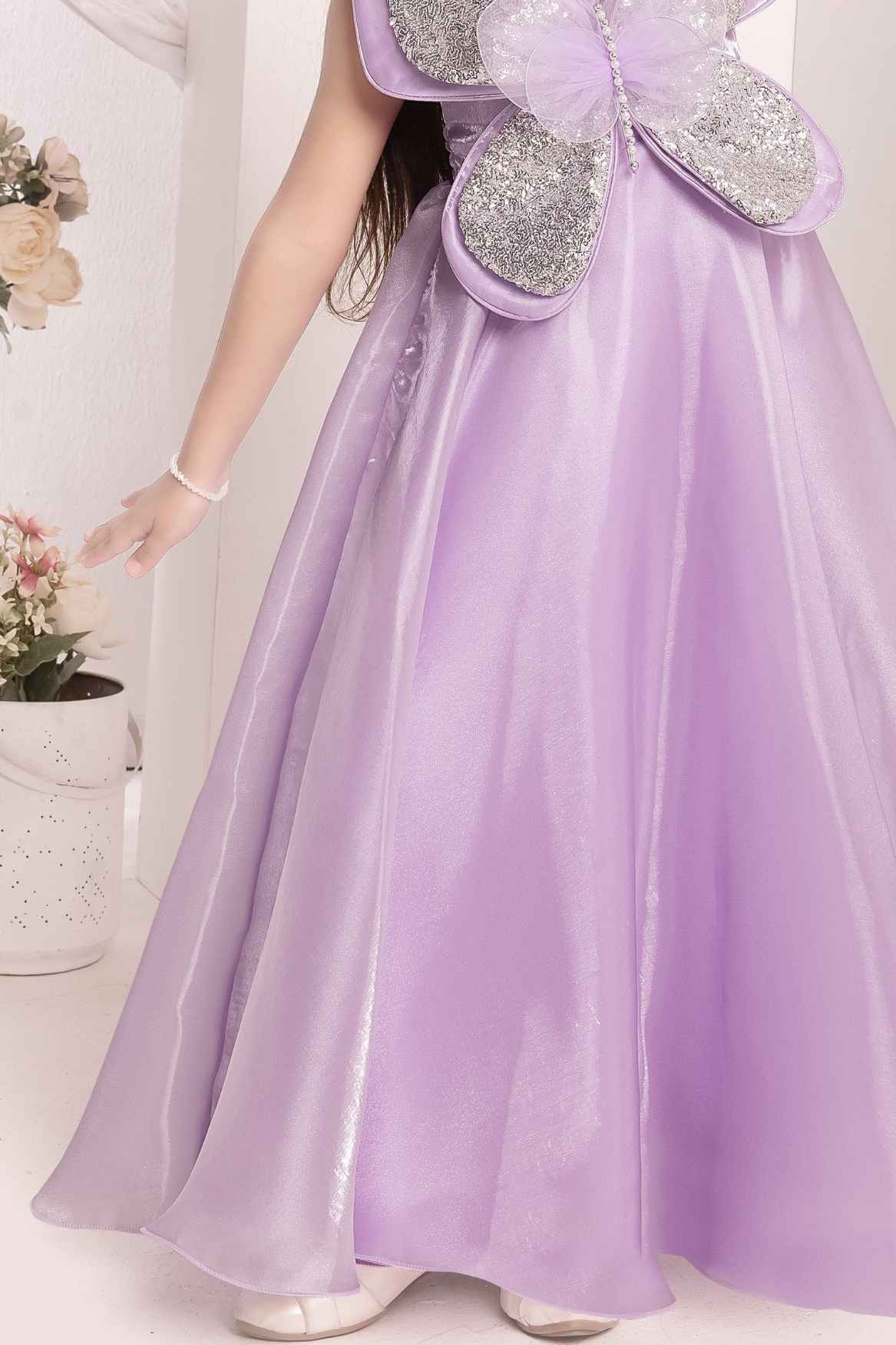 Lilac Butterfly Embellished With Sequins And Pearl Work Gown For Girls