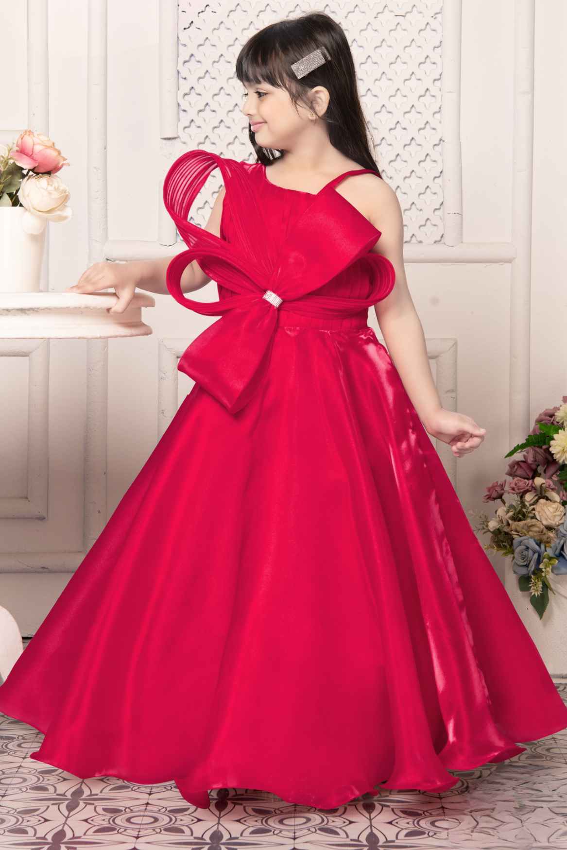 Cherry Red Bow Embellished With Stone Work Gown For Girls