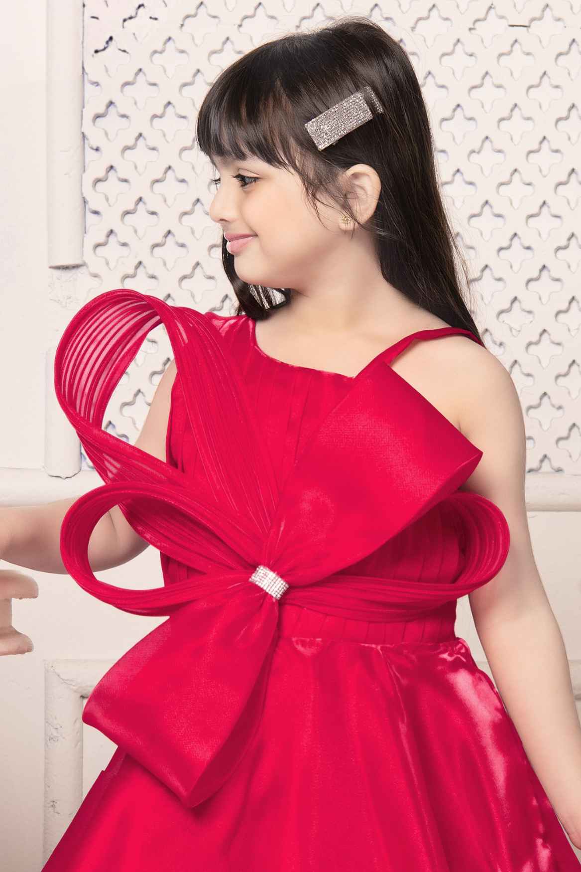 Cherry Red Bow Embellished With Stone Work Gown For Girls