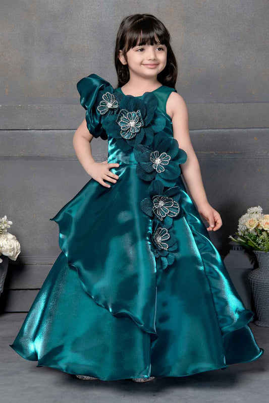 Blue Organza Gown With Floral Embellished For Girls