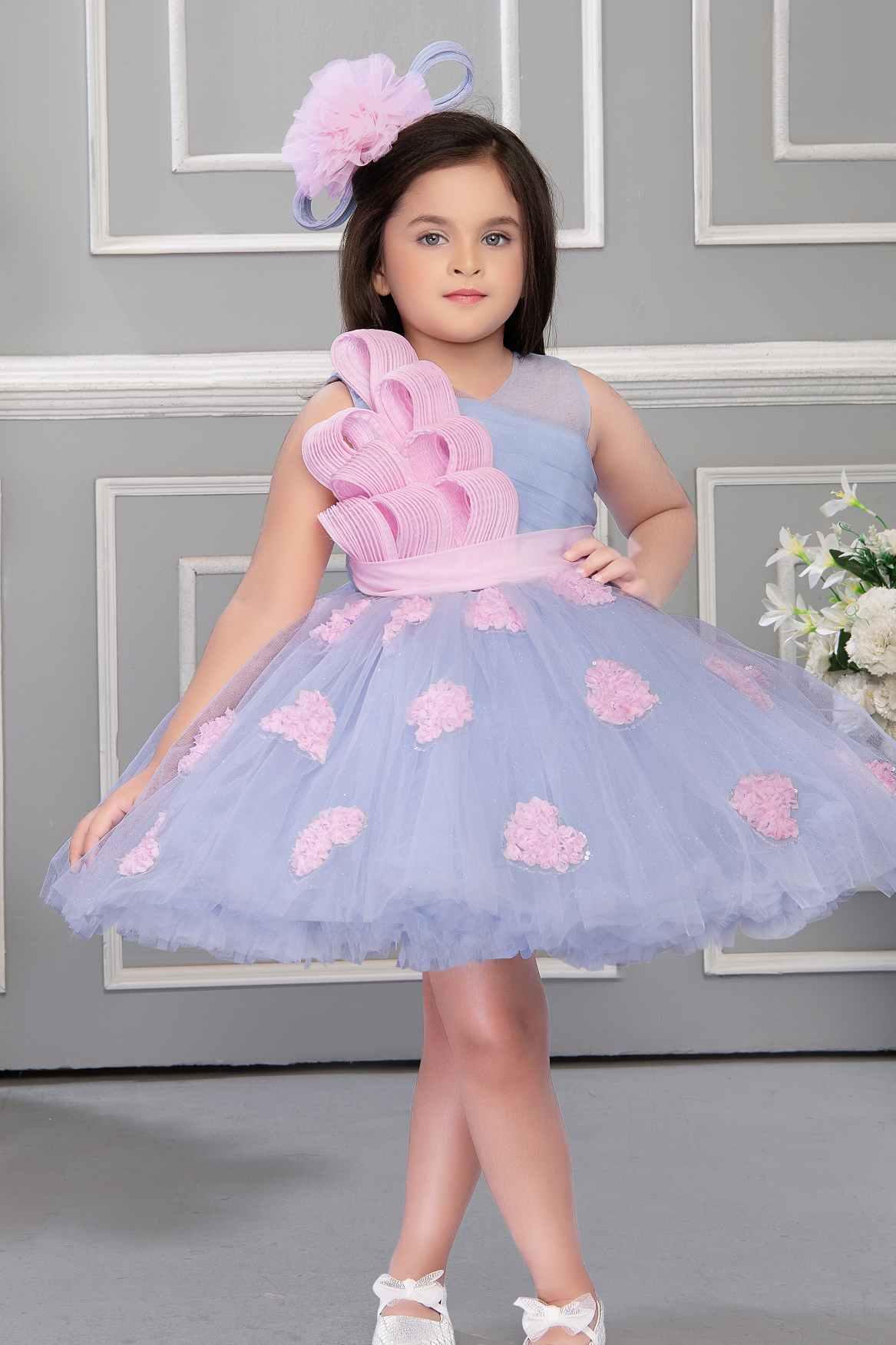 Blue Net Party Wear Frock Embellished With Pink Lace For Girls