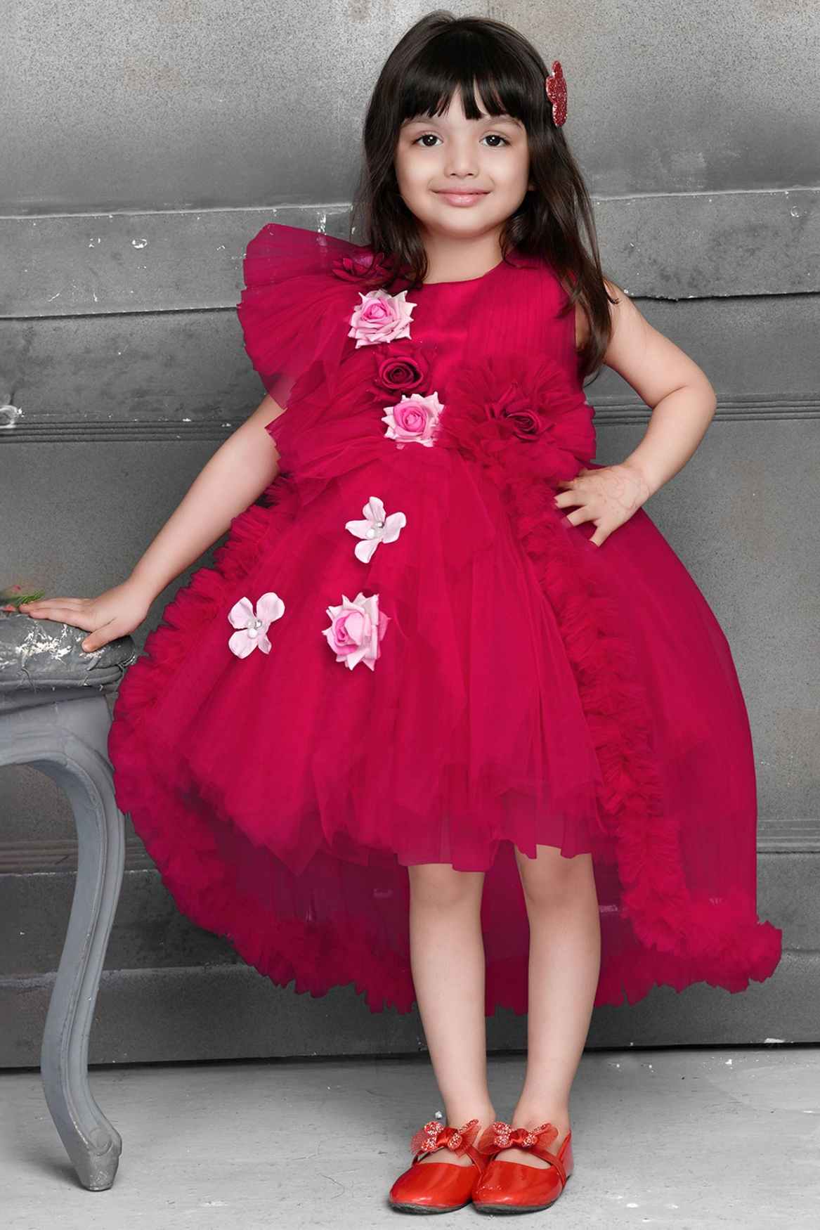 Gorgeous Rani Pink Tailback Frock With Floral Embellishments For Girls