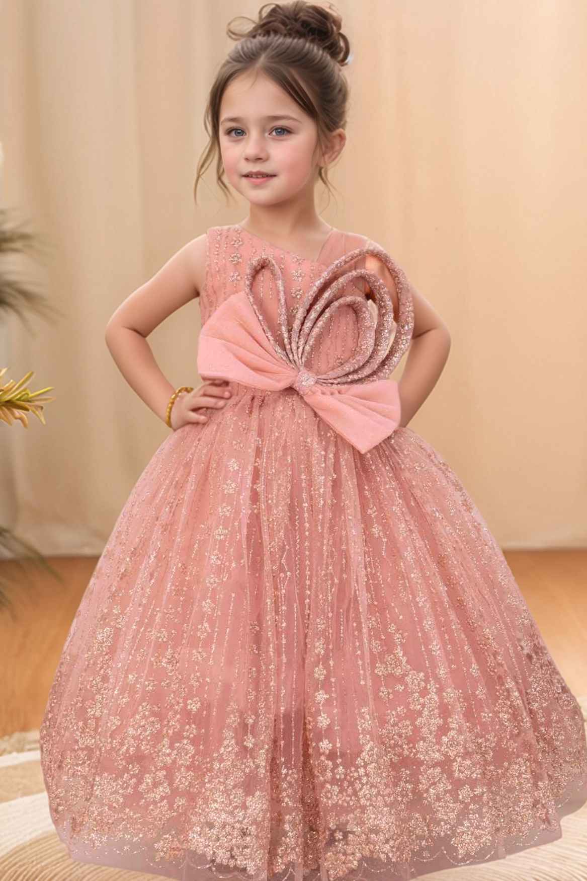 Peach Gown With Bow Embellished And Shimmer Printed For Girls