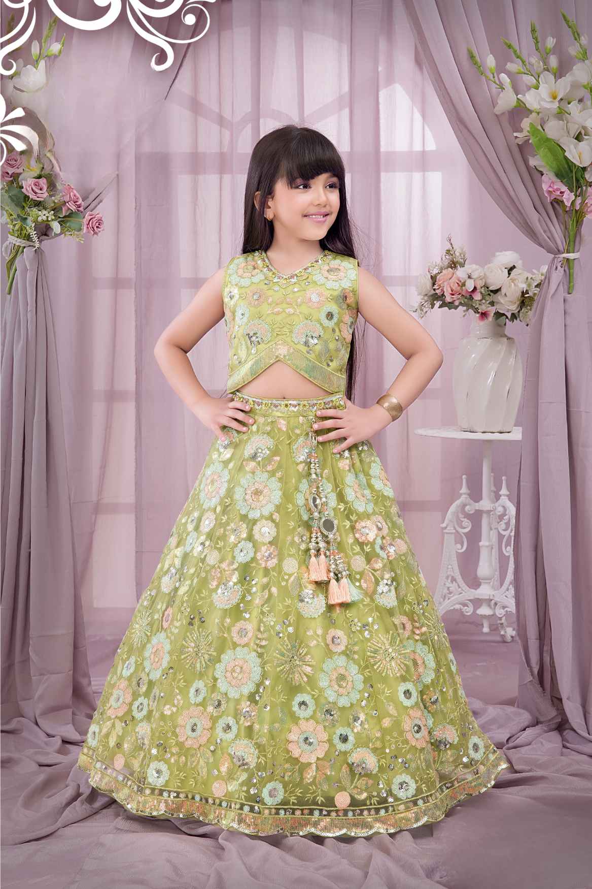 Mehendi Green Sleeveless And Sequins Worked Lehenga Choli Set For Girls