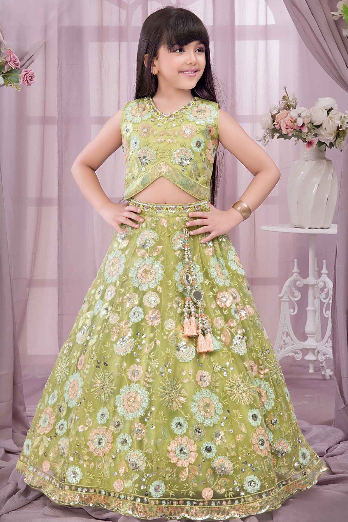 Mehendi Green Sleeveless And Sequins Worked Lehenga Choli Set For Girls