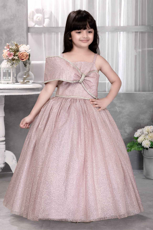 Onion Pink Sleeveless And Bow Embellishment With Stone Worked Gown For Girls