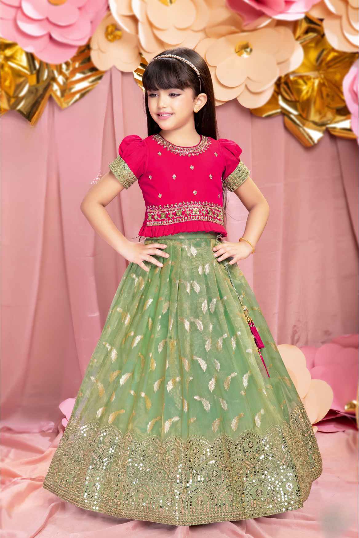 Rani Pink Puff Sleeves And Sequin Embroidered Pattu Pavadai Set For Girls