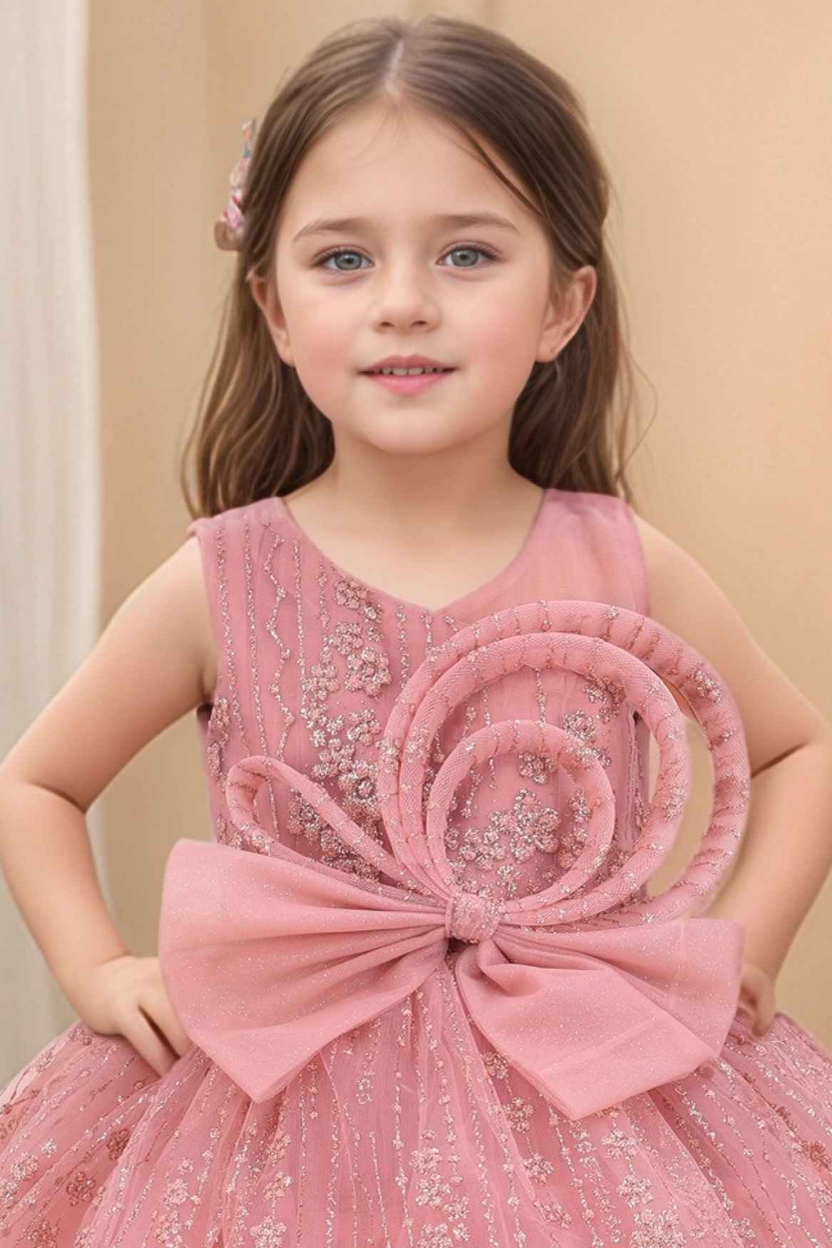 Peach Frock With Bow Embellished And Shimmer Printed For Girls