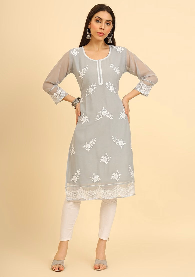 Resham Embroidered Georgette Kurta (Set Of 2)