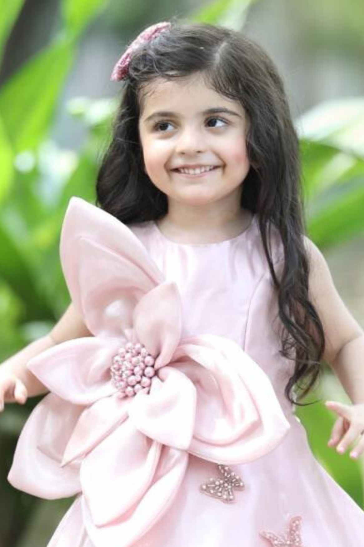 Peach Sleeveless With Floral And Butterfly Embellished Gown For Girls