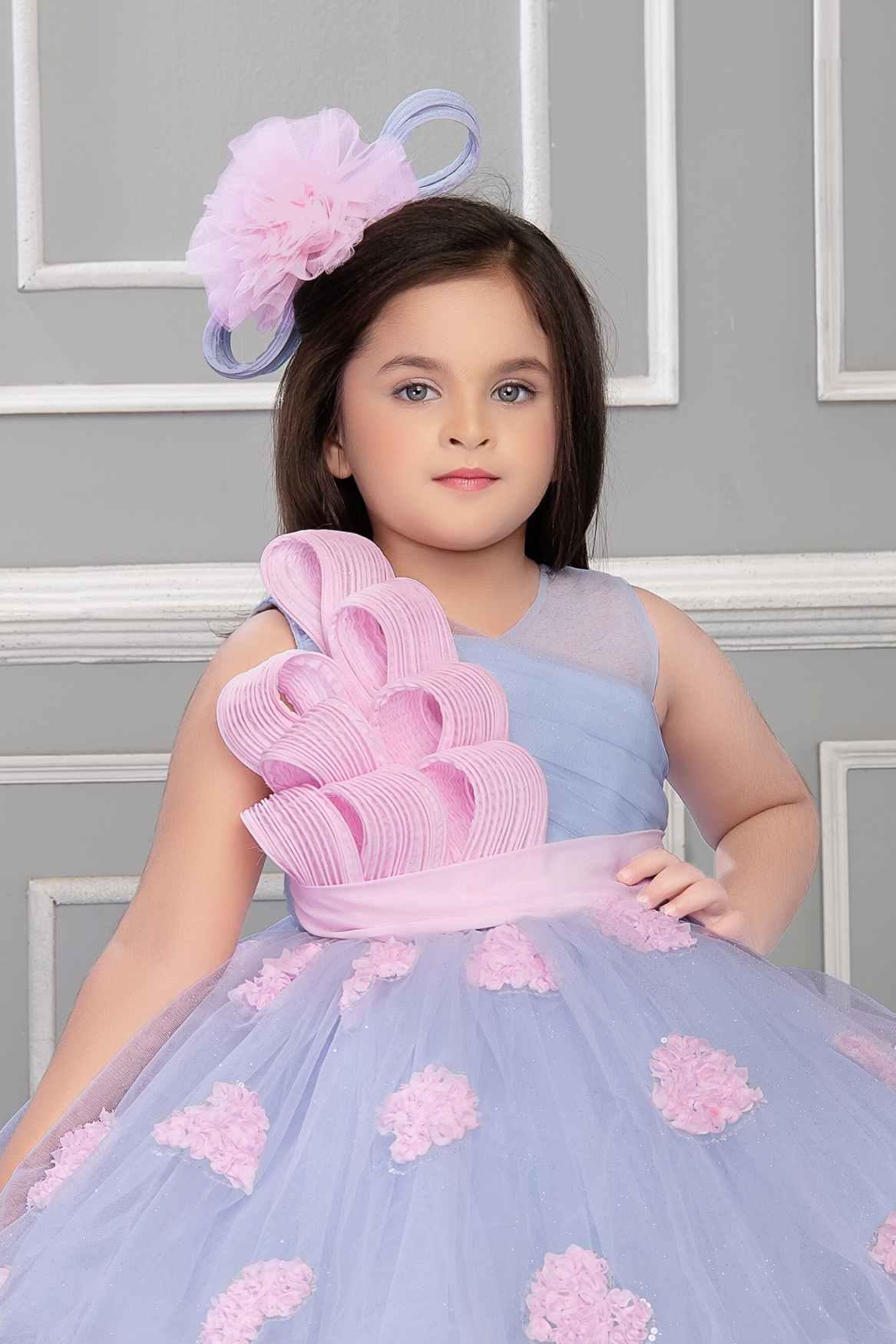 Blue Net Party Wear Frock Embellished With Pink Lace For Girls