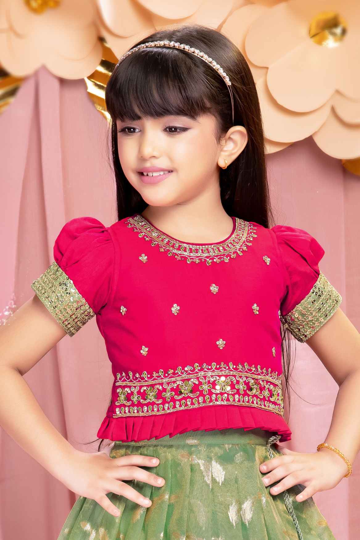 Rani Pink Puff Sleeves And Sequin Embroidered Pattu Pavadai Set For Girls