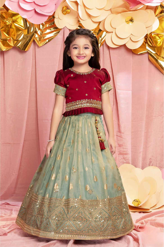 Maroon Puff Sleeves And Sequin Embroidered Pattu Pavadai Set For Girls