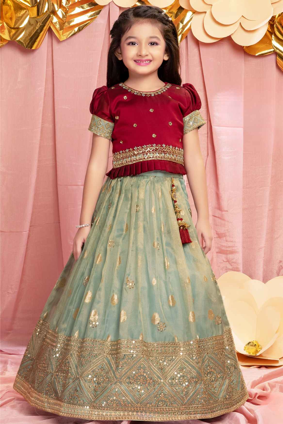 Maroon Puff Sleeves And Sequin Embroidered Pattu Pavadai Set For Girls