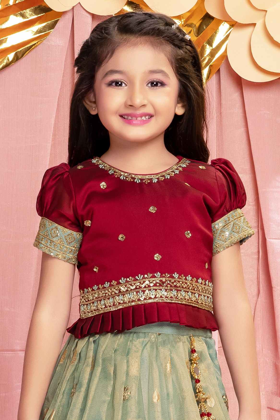 Maroon Puff Sleeves And Sequin Embroidered Pattu Pavadai Set For Girls