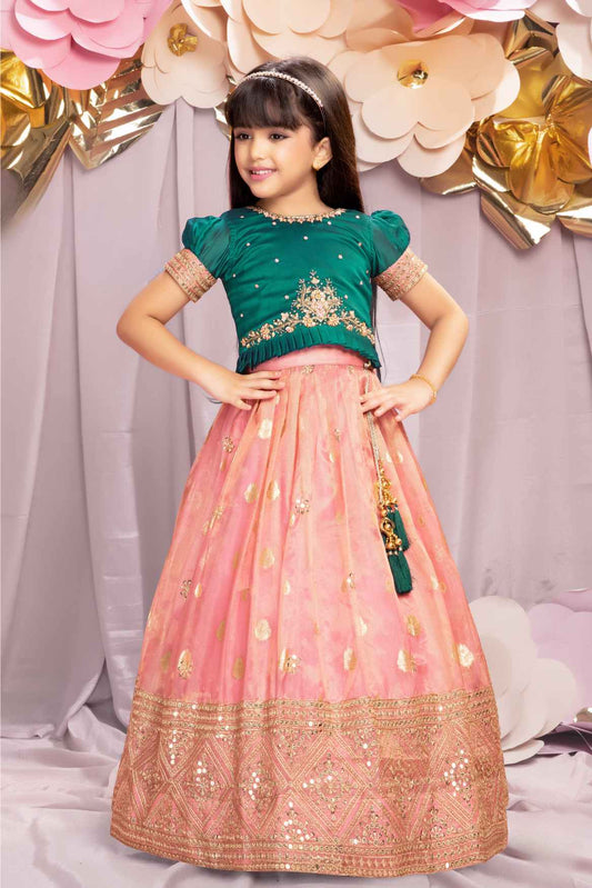 Green And Pink Puff Sleeves With Sequins Embroidery Pattu Pavadai Set For Girls