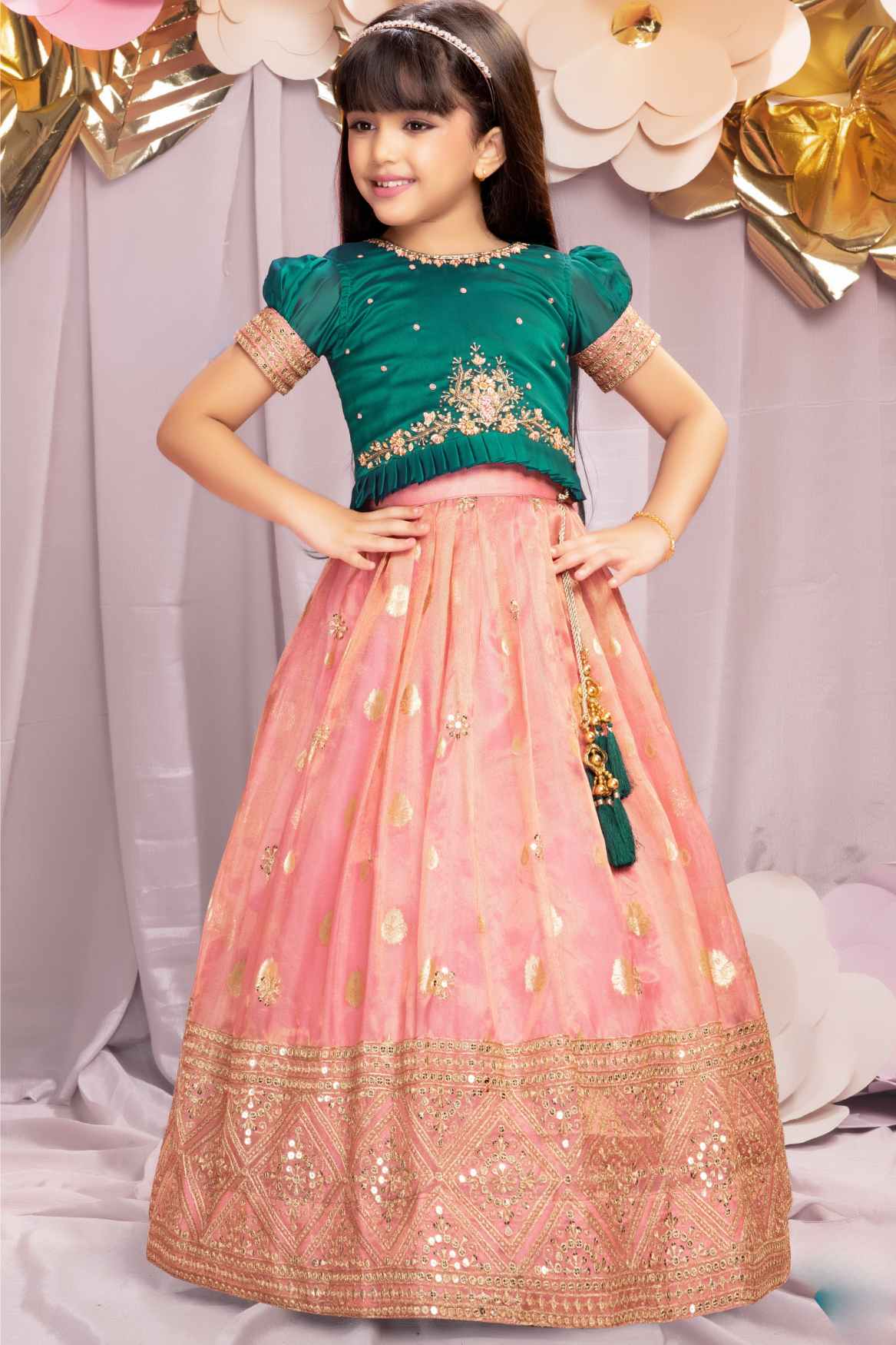 Green And Pink Puff Sleeves With Sequins Embroidery Pattu Pavadai Set For Girls