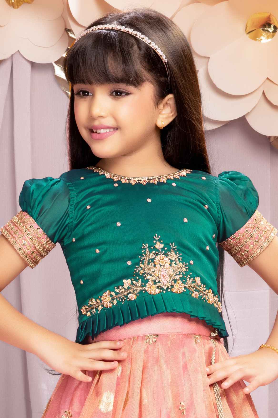 Green And Pink Puff Sleeves With Sequins Embroidery Pattu Pavadai Set For Girls