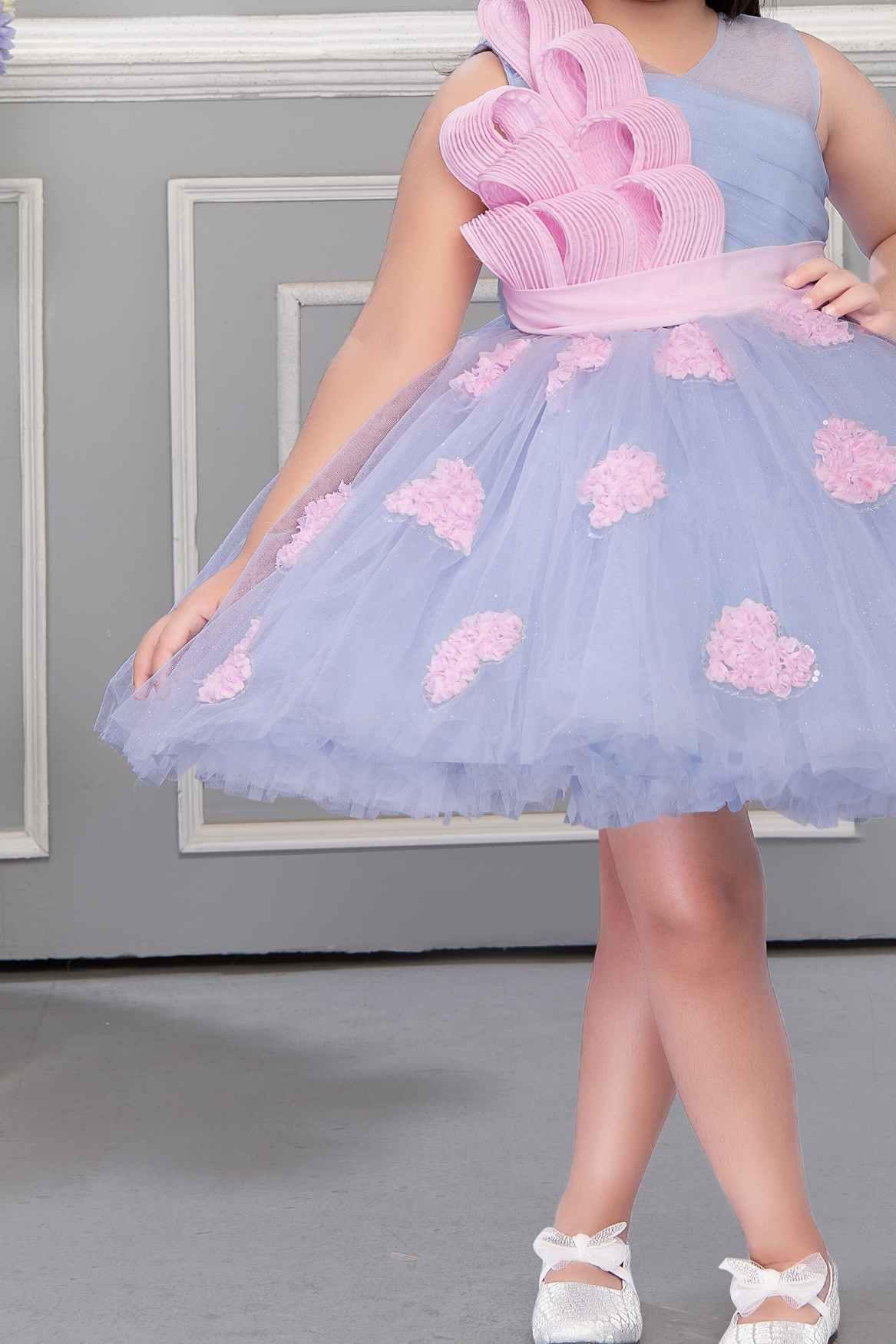 Blue Net Party Wear Frock Embellished With Pink Lace For Girls