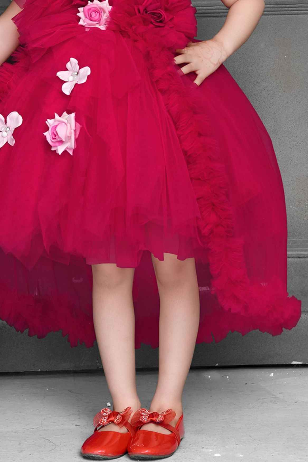 Gorgeous Rani Pink Tailback Frock With Floral Embellishments For Girls