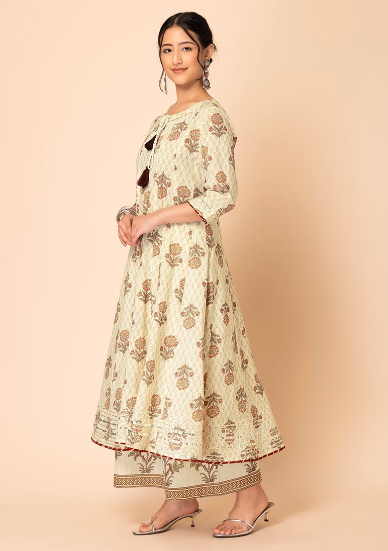 Floral Print Cotton Anarkali Kurta With Pants And Dupatta (Set of 2)