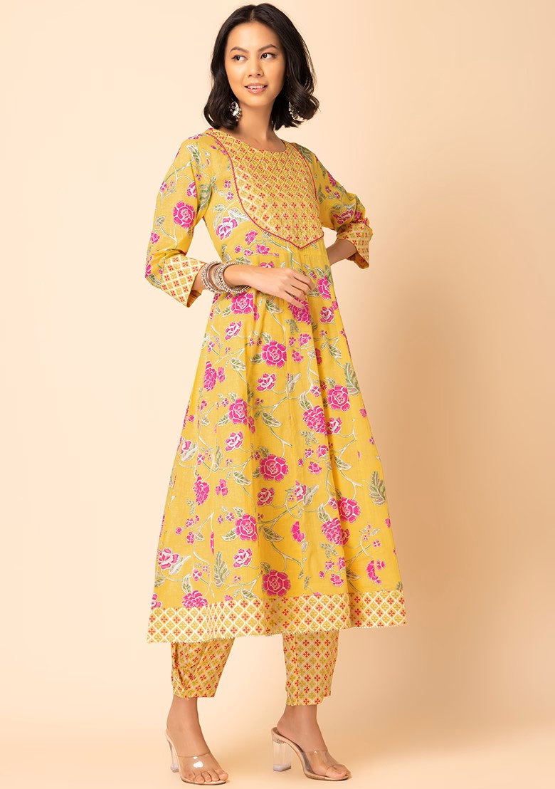 Floral Jaal Print Rayon Anarkali Kurta With Pants And Printed Dupatta (Set of 2)