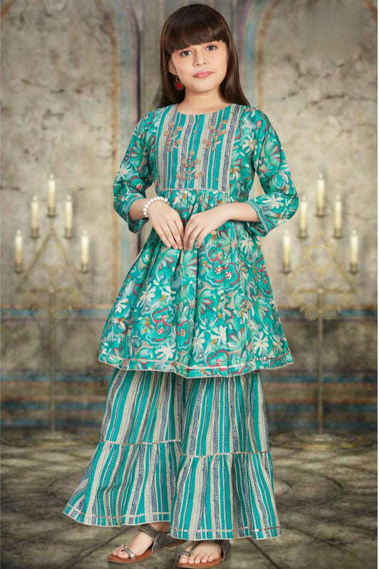 Green Floral Printed And Embroidered Sharara Set For Girls