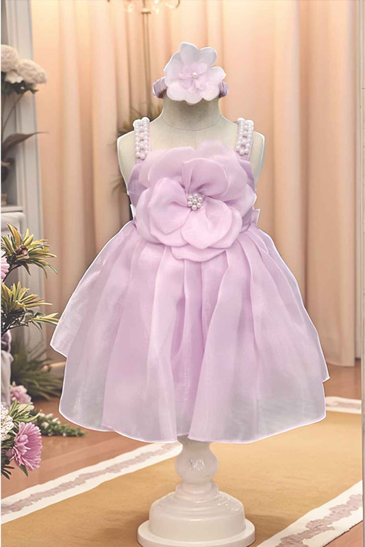 Lavender Sleeveless And Floral Embellished With Pearls Work Frock For Girls