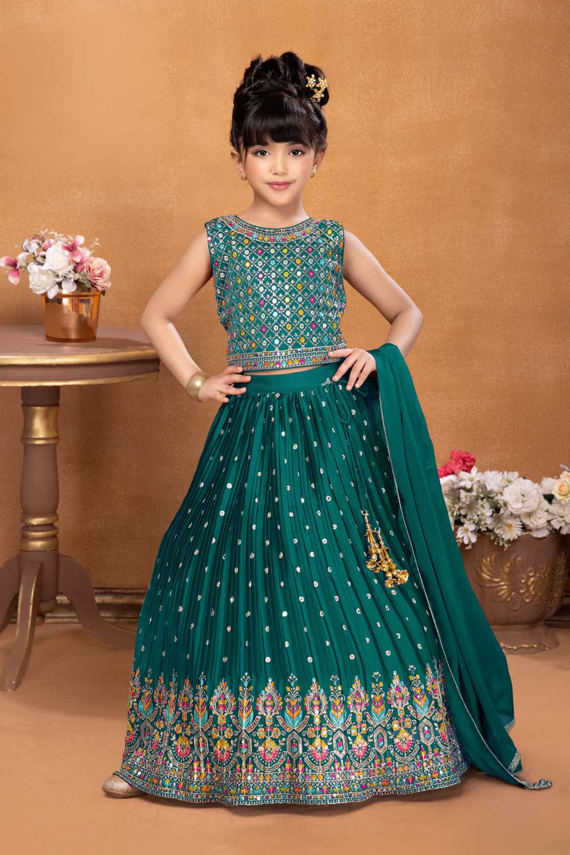 Elegant Rama Green Sequin Embroidery Lehenga Choli For Girls