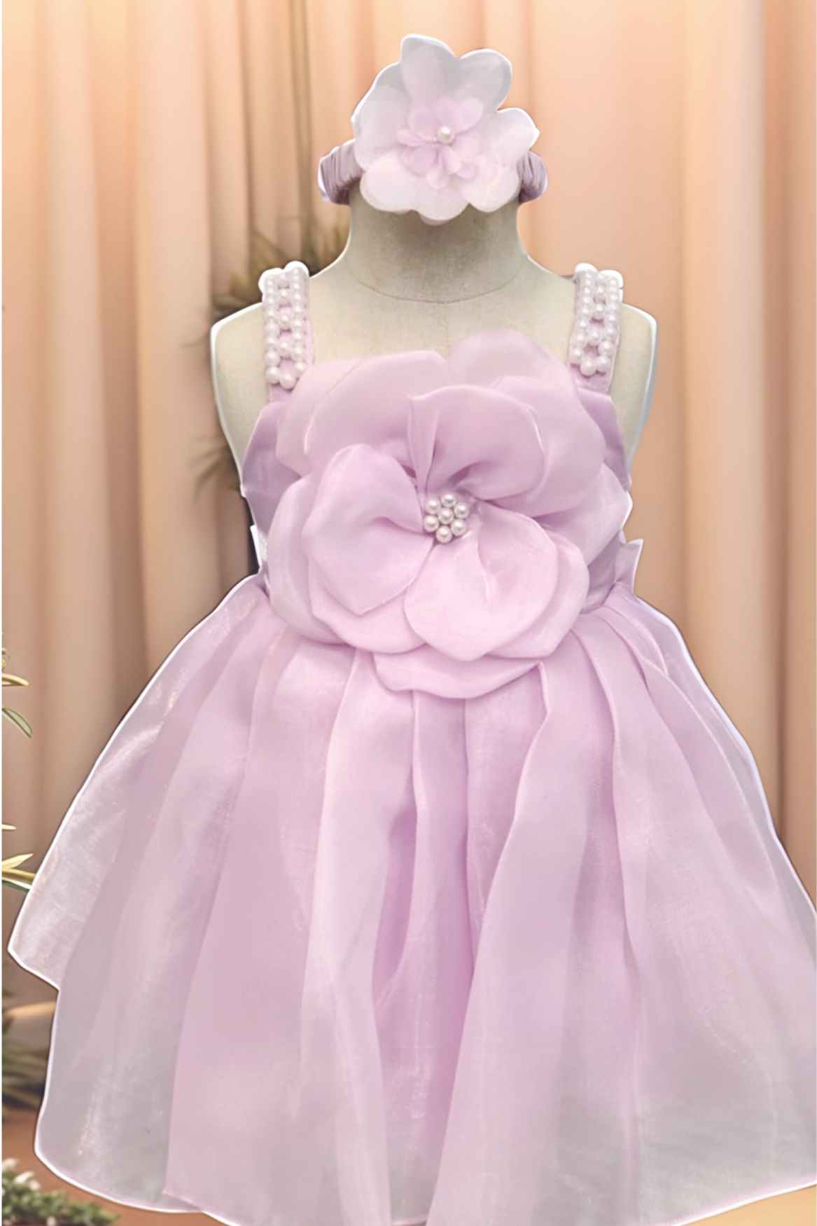 Lavender Sleeveless And Floral Embellished With Pearls Work Frock For Girls