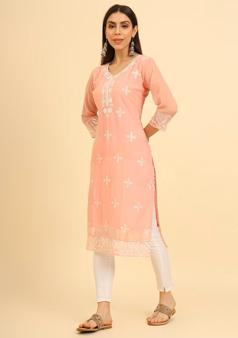 Resham Embroidered Georgette Kurta (Set Of 2)