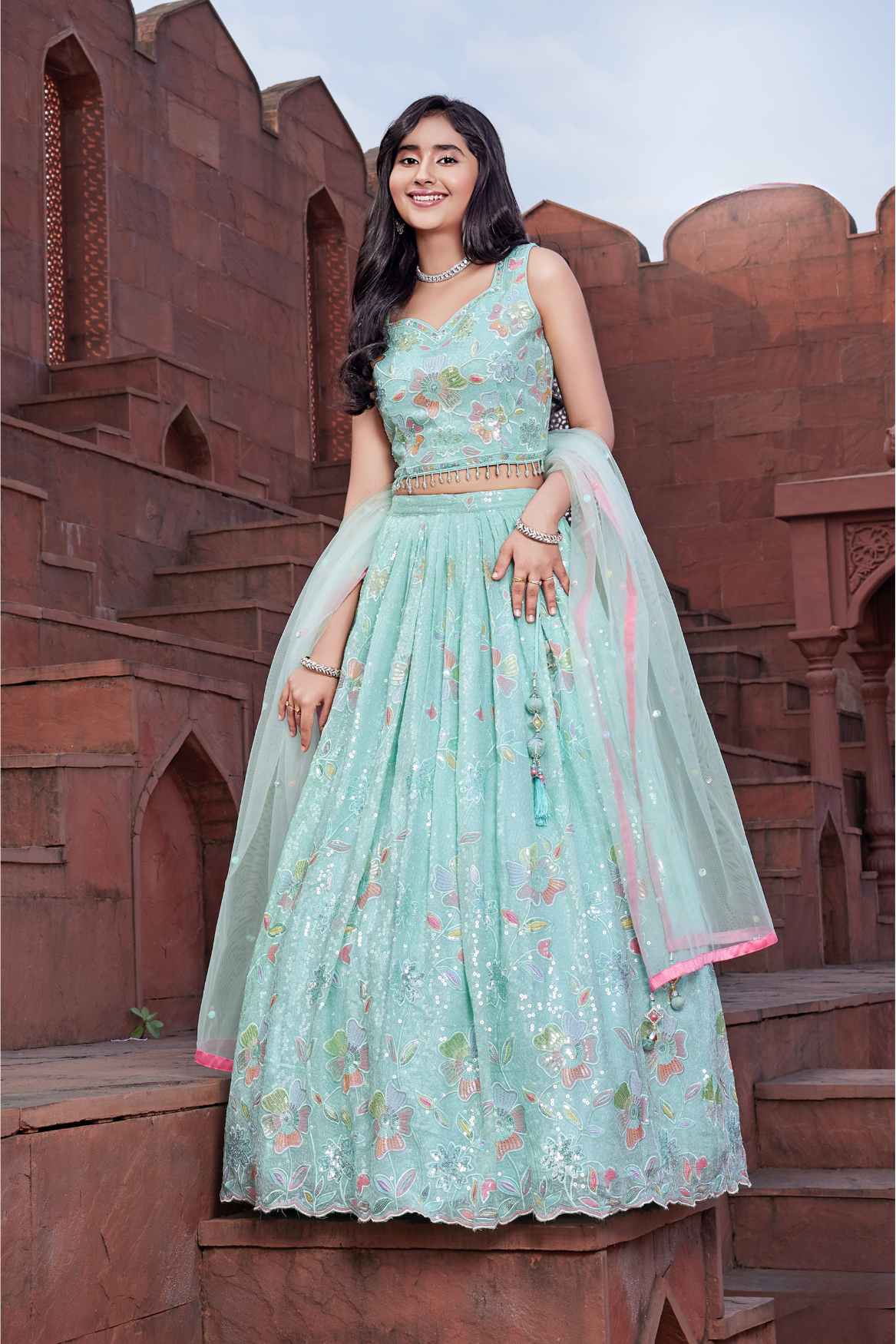 Sky Blue Sleeveless And Sequins Worked Lehenga Choli Set For Girls