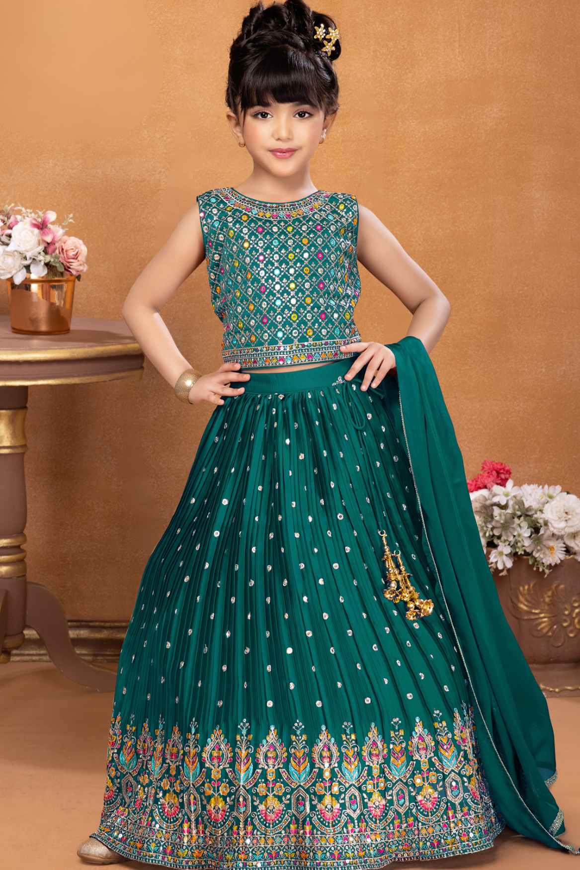 Elegant Rama Green Sequin Embroidery Lehenga Choli For Girls