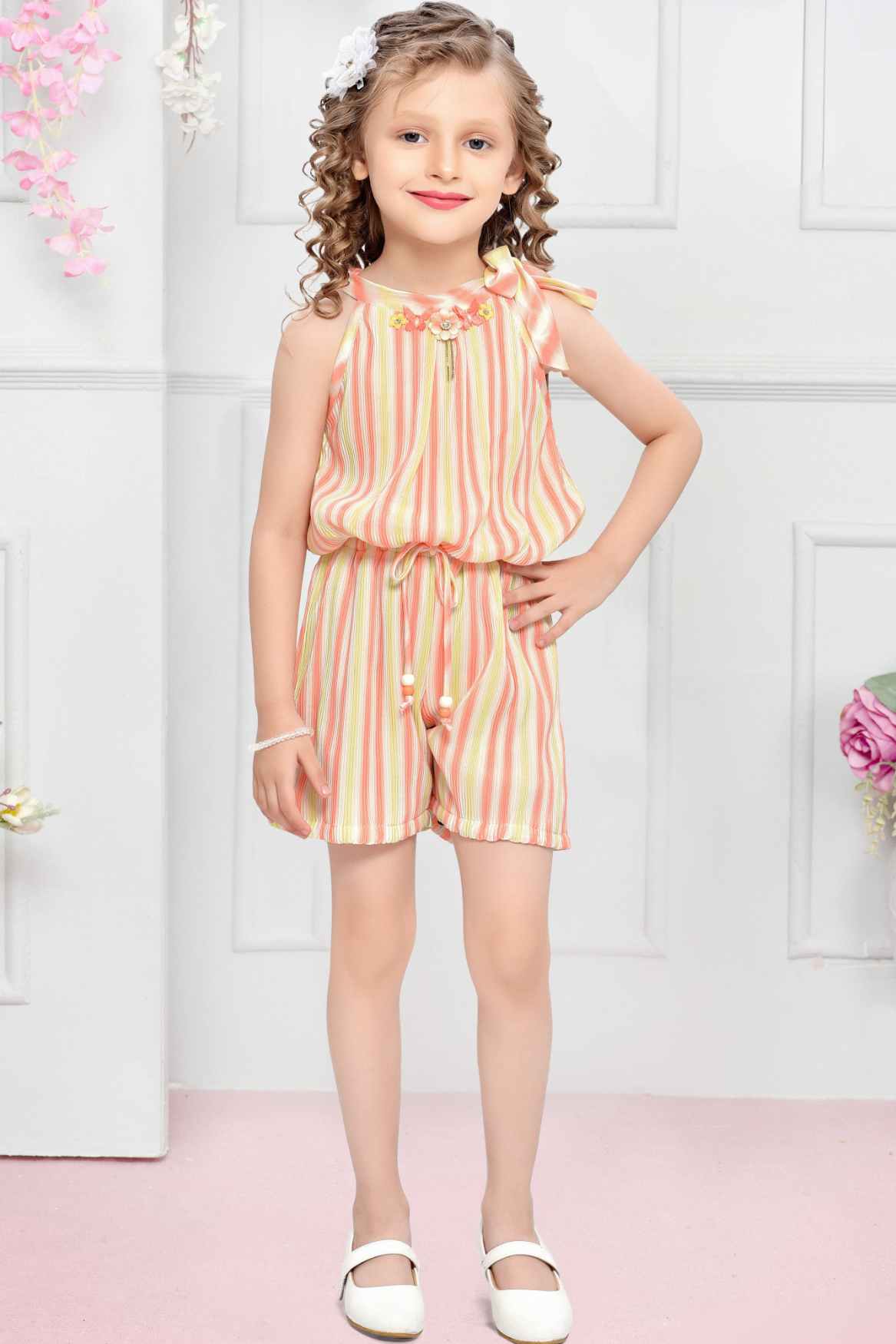 Orange Striped And Floral Embellished Jumpsuit For Girls