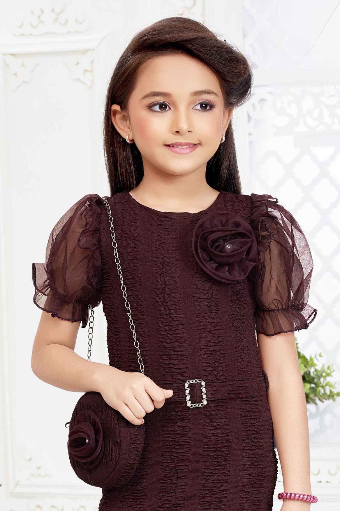 Wine Dress With Floral Embellished And Sling Bag For Girls