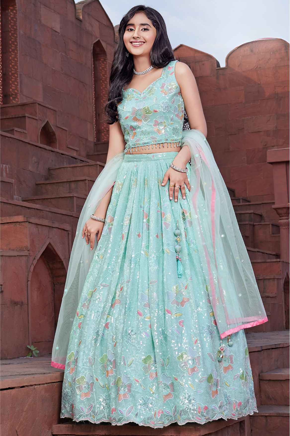 Sky Blue Sleeveless And Sequins Worked Lehenga Choli Set For Girls