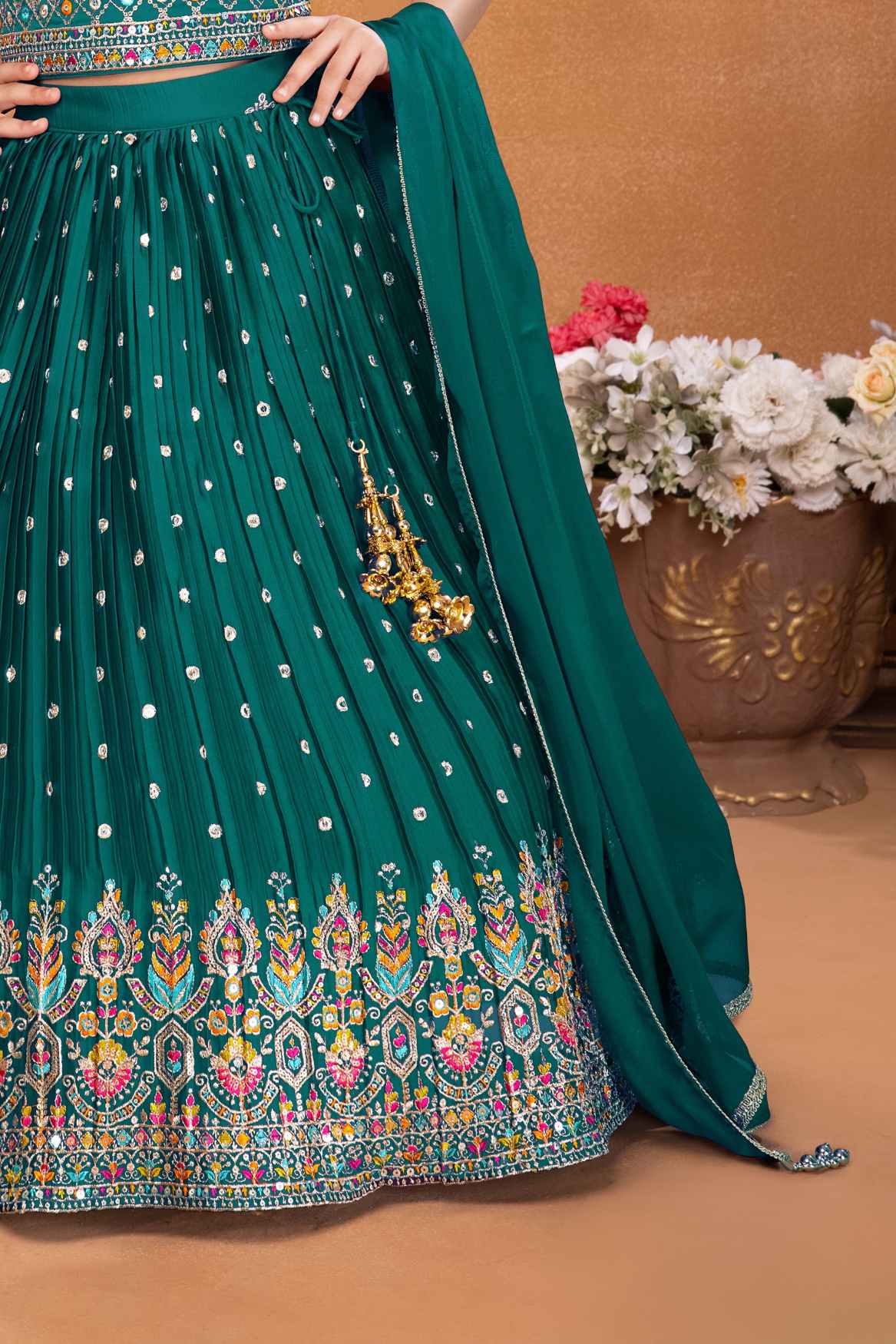 Elegant Rama Green Sequin Embroidery Lehenga Choli For Girls