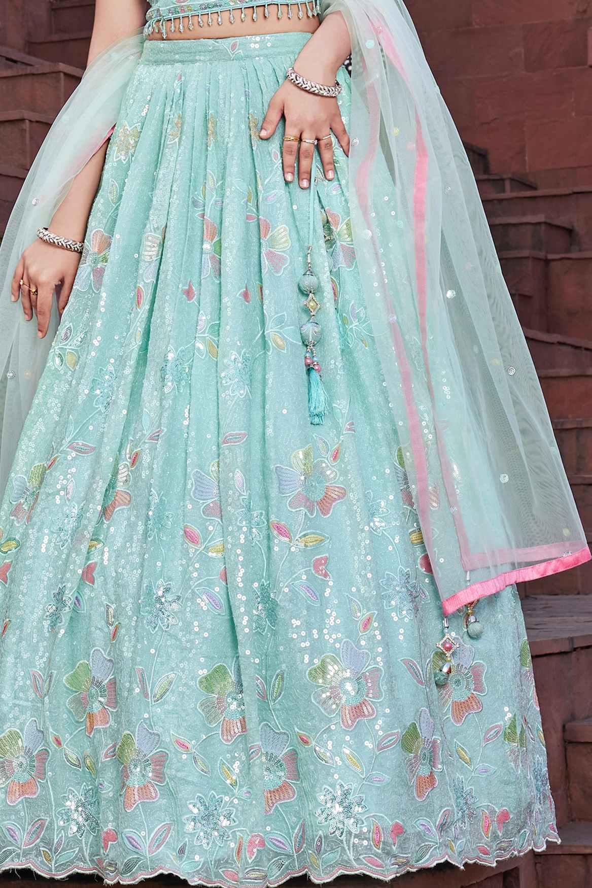 Sky Blue Sleeveless And Sequins Worked Lehenga Choli Set For Girls